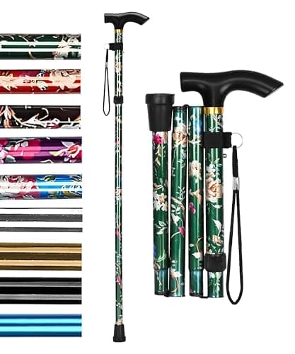 Image of Hataf Adjustable Walking Stick 82cm-92cm, Folding Walking Sticks for Women/Ladies, also for Men, Mobility Aids, Walking Sticks with Rubber Ends (Green Flowers)