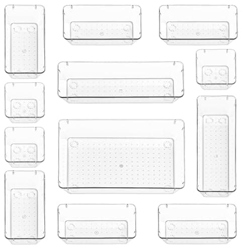Image of Stackzy Drawer Organiser Set – Makeup Organiser Tray for Drawers – Clear Cosmetics Container Tray for Bedroom – Utensil Cutlery Set Divider – Kitchen Storage & Organisation – 12pack