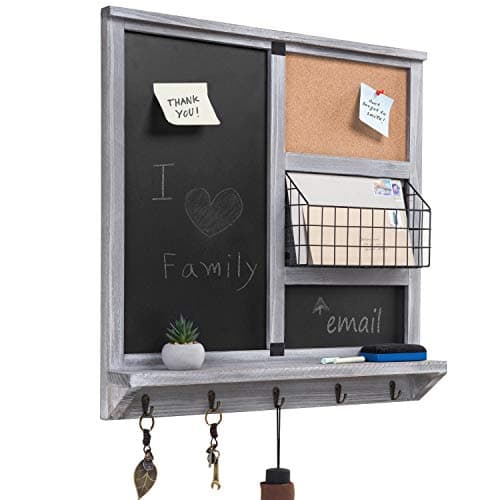 Image of MyGift 25 Inch Wall Mounted Vintage Gray Weathered Wood Entryway Organizer Rack with Chalkboard, Cork Board, Mail Holder Basket, Storage Shelf and 5 Key Hanging Hooks