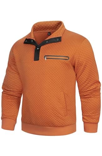 Image of Wirltte Mens Sweatshirts Solid Color Casual Long Sleeve Pullover Sweatshirt Winter Warm Stand Collar Button Top with Pockets Orange S