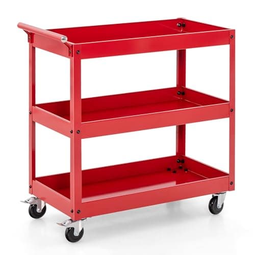 Image of TANGZON 2/3-Tier Rolling Tool Cart, Utility Service Cart with Towel Rack Handle & Wheels, Heavy-duty Steel Mobile Tool Storage Garage Trolley Shelves (3 Tier, 76x38x78cm, Red)