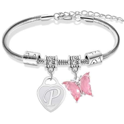 Image of Initial Charm Bracelets for Women Heart Butterfly Bracelet Stainless Steel A-Z Bracelet Personalized Jewelry Birthday Graduation Gifts for Women (Letter P Bracelet)