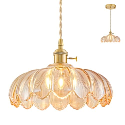 Image of NETHCUEL Glass Kitchen Island Lights, Vintage Brass Pendant Light Fixtures, Adjustable Amber Pendant Lights for Kitchen Island for Bedroom Living Room Hallway Dining Room, Light Bulb Not Included