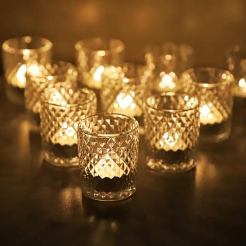 Image of Vohocandle Diamond Tealight Holders Glass Set of 12, Glear Tea Light Candle Holders for Room Decor, Clear Tea Light Holders Glass for Festive Decor, Wedding, Birthday Party(5.5 W × 6.5 H cm)