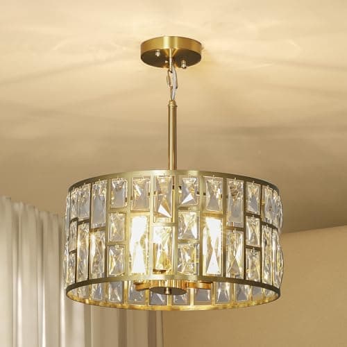 Image of HOMCOM Crystal Chandelier with Adjustable Height, 3-Light Modern Flush Mount Ceiling Light, Hanging Chandelier with E14 Base for Living Room, Bedroom, Dining Room, Bulb Not Included, Gold Tone