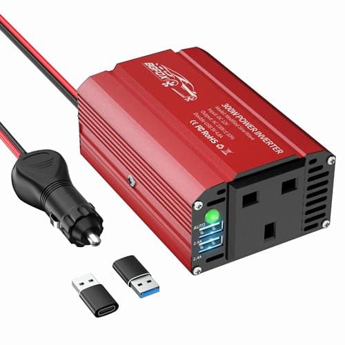 Image of BGFOX 300W Car Power Inverter DC 12V to 240V / 230V AC Modified Sine Wave Voltage Converter with Dual USB Ports and UK Socket for Charge Your Laptop,For iPhone, iPad, Tablet, Aluminium Case - Red