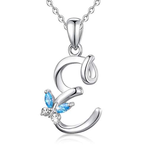 Image of EUDORA Harmony Ball 925 Sterling Silver Initial Butterfly Necklace for Women, E Alphabet Letter Personalised Pendant Necklaces with Blue Cubic-Zirconia Gifts for Mom Ladies Girls Mother's day, 18"