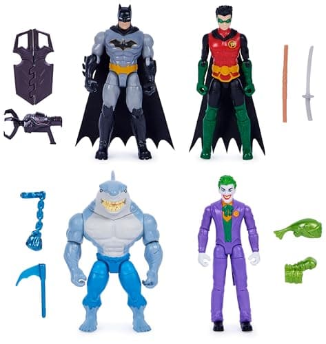 Image of DC Comics, Batman and Robin vs. The Joker and King Shark, 4-inch Action Figures, Kids Toys for Boys and Girls Ages 3 and Up