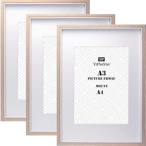 Image of A3 Wooden & White Two Tone Picture Frames Set of 3 with Mounts for A4 Photo,A4 Boxed Photo Frames for 3pack,A3 Wooden Poster Frame with Mount for Picture Frames