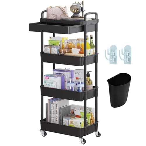Image of Wuciray Beauty Trolley on Wheels 4 Tier Storage Trolley with Drawer Plastic Beauty Trolleys Rolling Utility Cart Craft Trolleys on Wheels for Home Kitchen Bathroom Laundry Office Black