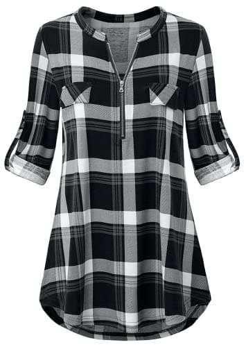 Image of Odosalii Womens Zip Up Plaid Tunic Blouse Rolled Up Sleeve Polo Top Check Shirts