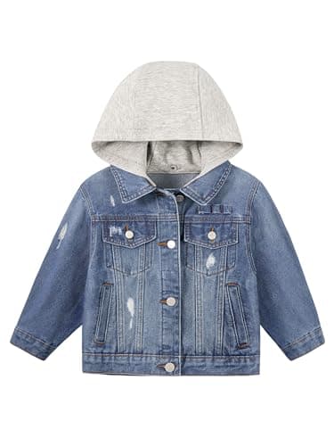 Image of Volunboy Kids Ripped Denim Jacket with Detachable Hood, Girls Boys Spring&Fall Outerwear Trucker Jean Jackets(Light Blue,2-3 Years,Tag Size 90)
