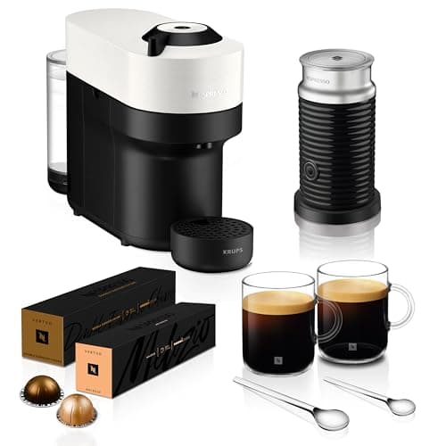 Image of Nespresso Coffee Machine Barista Bundle includes Vertuo Pop White by Krups, Milk Frother, 2x Mugs, 2 x spoons, Melozio coffee pods & Chiaro coffee pods