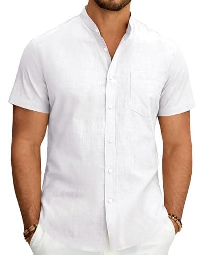 Image of J.VER Men's Fashion Linen White Shirt Collarless Short Sleeve Lightweight Summer Beach Hawaiian Wedding Holiday Shirt with Pocket 2XL