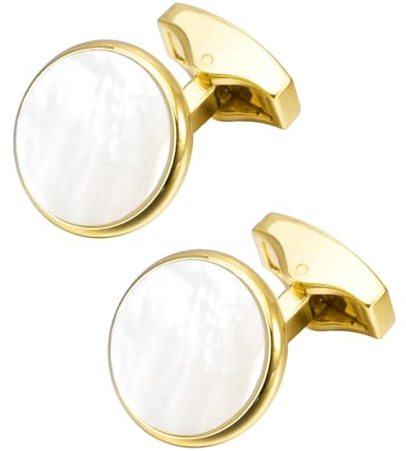 Image of Jonwo Silver / 14K Gold Plated Natural Mother of Pearl Cufflinks for Men Women Classic Round Men's Cufflinks Jewelry Set for Wedding Party Anniversary Business Events Tuxedo Dress (Golden)