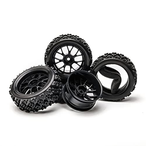 Image of Pxyelec 1:10 Scale RC Car Tires & Wheel Rims Set - Durable Rubber Tyres with Plastic Rims for Off-Road, Drift Remote Control Cars, Replacement Parts, 4-Pack, Black
