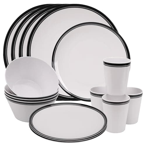 Image of Trimming Shop 16pcs Melamine Dinner Set | Plates, Dessert Plates, Bowls & Cups | White with Black Stripe | Party Dinnerware | Service for 4 People | Dinnerware Set for Indoor Outdoor, Picnic, Camping