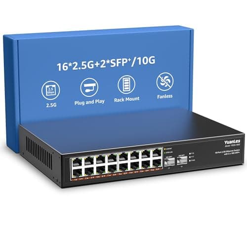 Image of 18 Port 2.5G Umanaged Ethernet Switch, 16 x 2.5Gb Base-T Ports, 2 x 10G SFP+, Compatible with 100/1000/2500Mbps, Metal Fanless, Desktop/Rack Mount YuanLey 2.5Gbe Network Switch for Wireless AP, PC