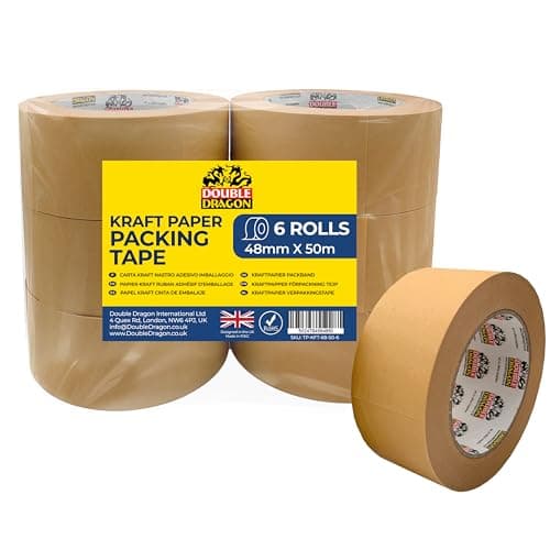 Image of Double Dragon Heavy Duty Brown Kraft Tape 50m Long, 48mm Wide (6 Rolls) | Writable, Self-Adhesive Recyclable Tape for Packing, Shipping, Sealing Boxes, Moving & Wrapping | Eco-Friendly & Biodegradable