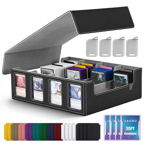 Image of UAONO Trading Card Storage Box for Commander Display, 2400+ MTG Deck Box with 4 Top Loader, TCG Card Case fits Magic PTCG Sports Cards(Black&Gray)