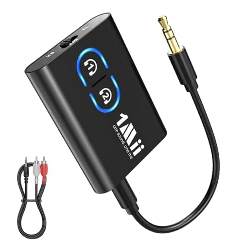 Image of 1Mii Bluetooth 5.3 Transmitter Receiver for TV, 2-in-1 3.5mm Wireless Bluetooth Audio Adapter for 2 Headphones, Low Latency, Long Battery Life, AUX Adapter for Old Sound System, Airplane, TV, Gym, Car
