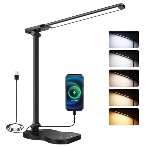 Image of Caldarax Desk Lamp Dimmable, Eye Caring Table Lamp with USB C Port, 5 Colour Modes x 10 Brightness Levels, 45Min Timer, Touch Control Black Table Light, Foldable Lamps for Study Work Reading Bedside