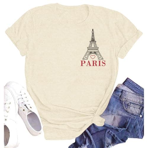 Image of SUWATOIN Womens Paris T Shirt Love Paris Eiffel Tower Shirts Travel in France European Vacation Tees Beige