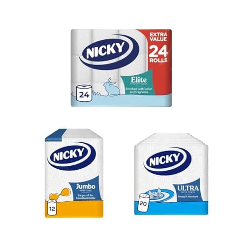 Image of Nicky Elite Toilet Tissue 24 Rolls of 168 Sheets, Jumbo Kitchen Towel 12 Rolls of 200 Sheets and Ultra Kitchen Towel 20 Rolls of 75 Sheets