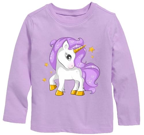 Image of TCWWBB Girls Long Sleeve T-Shirt Kids Shirts Unicorn T-Shirts Toddler Purple Tops Cotton Casual Tees Crewneck Clothes Age 6-7 Years