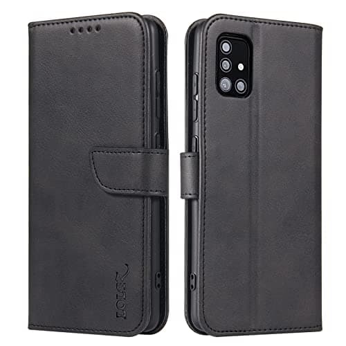 Image of LOLFZ Wallet Case for Samsung Galaxy A71, Vintage Leather Book Case with Card Holder Kickstand Magnetic Closure Flip Case Cover for Samsung Galaxy A71 - Black