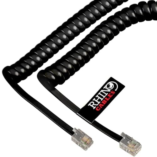 Image of rhinocables Curly RJ10 Phone Lead (5m) Coiled Handset Cable with Anti-Tangle Spring Design | Gold 4P4C Connectors & Full-Copper Core for Home, Office & Call Centre Desk Phones (3 Pack, Black)