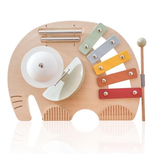 Image of Musical Elephant Toy For - 2-in-1 Wooden Xylophone & Percussion Instrument | Interactive Sensory Music Toy Early Education | Learning Toys Home, Nursery & Daycare