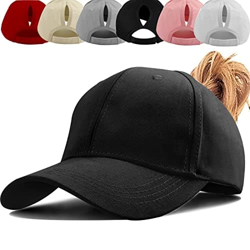 Image of Baynetin Womens Ponytail Hat Baseball Cap,Unisex Adjustable High Messy Bun Ponycap,Classic Solid Color Outdoor Hats with Pony Hole Loop (Black)
