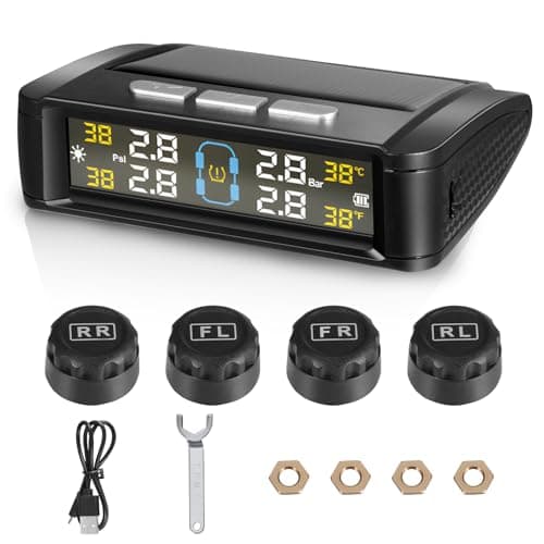 Image of HuuppHip Tyre Pressure Monitoring System TPMS Solar Wireless Tyre Pressure Monitor with 4 External Sensors,Solar/USB Charging, 0-5 Bar/72 PSI Range, Universal Fit for Cars, SUVs, Trailers, Vans