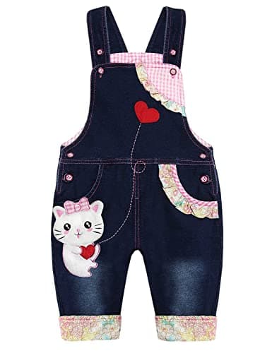 Image of KIDSCOOL SPACE Baby Girl Overalls,Cute Toddler 3D Cartoon Cat Denim Jumpsuit,Blue,3-4 Years