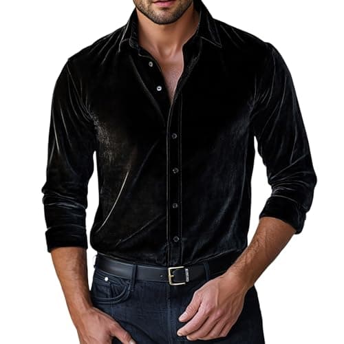 Image of Men's Shirt Regular Fit Long Sleeve Men's Shirts Casual Shirt Business Shirt Classic Everyday Shirts Elegant Velvet Shirt Luxury Shiny Velvet Shirt with Button Placket, Gifts for Men, black, M