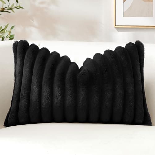 Image of Sungeek Set of 1 Black Faux Rabbit Fur Cushion Cover 40x60 cm, Soft Cozy Plush Striped Decorative Throw Pillow Covers 16x24 Inch Velvet Lumbar Pillowcases for Sofa Bedroom