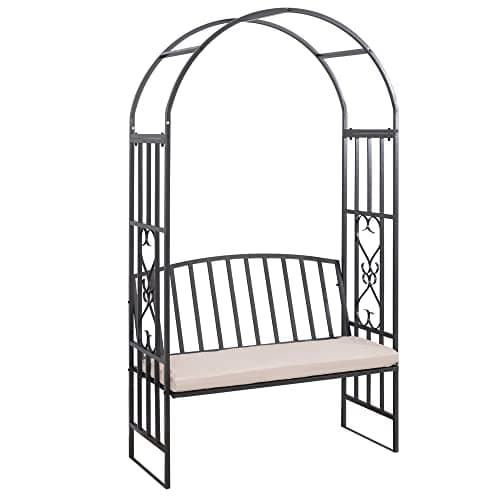 Image of Outsunny Garden Metal Arch Bench, Outdoor Furniture Chair with Cushion Outdoor Patio Rose Trellis Arbour Pergola, for Climbing Plant 114L x 60W x 206H cm