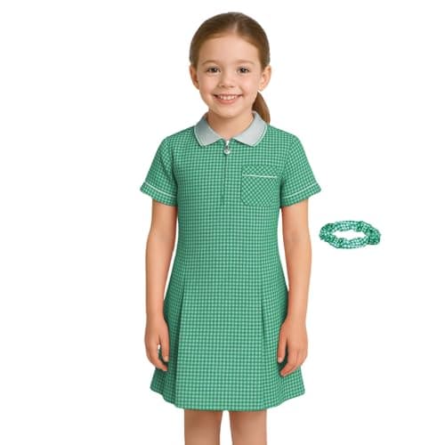 Image of SchoolStitch® Girls Gingham School Dress, Kids Short Sleeve Zip up Check Print Pleated School Uniform Girls Summer Dress with Side Pockets and Hair Bobble, Ages 3-20 Bottle Green