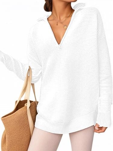 Image of Oyamiki Oversized Sweatshirt Women Loose Longline Jumpers V Neck Ribbed Knit Winter Jumper Comfy White Sweaters Tops XL