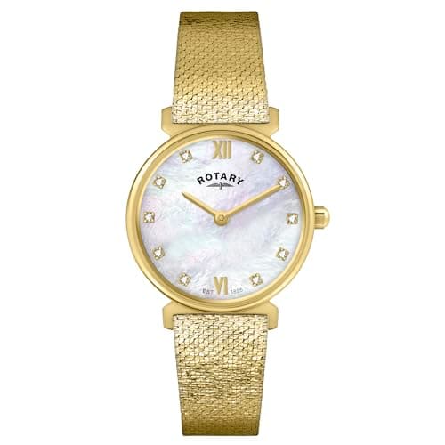 Image of Rotary Ladies 1895 Stone Set Mother of Pearl Dial Gold Plated Stainless Steel Mesh Bracelet Watch