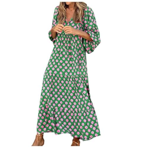 Image of Bohemian Dresses for Women UK Size 20 Womens 3/4 Puff Sleeve Summer Boho Long Dress Front Tie Neck Vintage Floral Print Tiered Ruffle Hem Casual Loose Flowy Maxi Dresses Green S