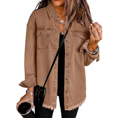 Image of YGERGWE Oversized Denim Jacket, Oversized Lightweight Jean Jacket Casual Button-Down Shacket, Ladies Long Sleeve Jean Shirt Top for Spring Autumn