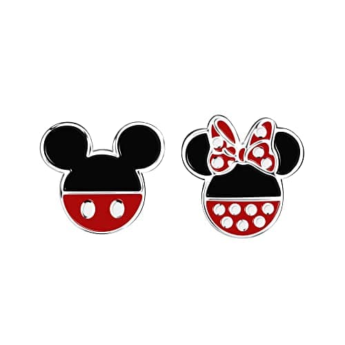 Image of Disney Mickey and Minnie Mouse Black and Red Sterling Silver Mismatched Stud Earrings