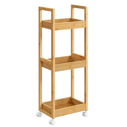 Image of SONGMICS Bathroom Trolley, Slim Bathroom Shelf, 3-Tier Storage Trolley on Wheels, Bamboo, Space-Saving, 20 x 30 x 80 cm, Natural Beige BCB083N01
