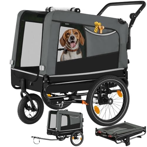 Image of tectake® 2-In-1 Dog Bike Trailer for all Bike Types, Foldable Dog Carrier with Good Ventilation, Rain Cover & Height-Adjustable Push Handle - Ideal Pet Stroller for Small & Medium-Sized Pets - Grey