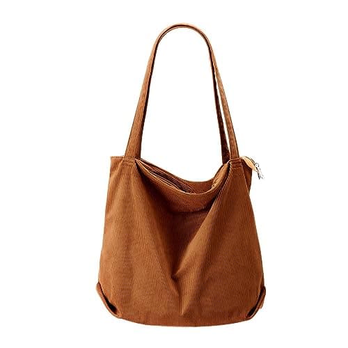 Image of Thicken Corduroy Bag Extra Large Capacity Handbags Shoulder Bags with Zipper Cord Tote Bag for Women Ladies Girls Casual Shopping Bag for Work School College Daily Use (Orange, One Size)
