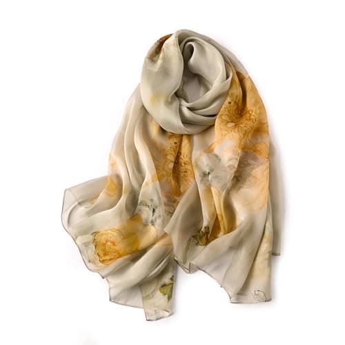 Image of STORY OF SHANGHAI Women's Mulberry Flower Print Large Silk Shawl Scarf Wraps 68 * 43 Inches,Golden Chrysanthemums Shadows