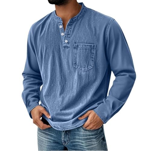 Image of Polo Long Sleeve Shirts for Men Big and Tall Long Sleeve Henley Shirts for Men V-Neck Distressed Stand Collar Ruggy Polo Work Shirt Casual Fall Winter Sweatshirts Washed Sweaters Button Down Retro