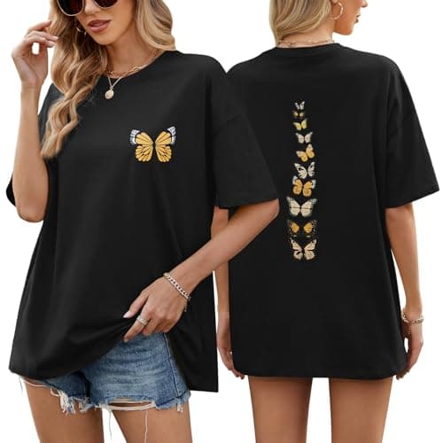 Image of TOMEEK Oversized T Shirts for Women Crew Neck Casual Summer Tops Ladies T Shirt Cotton Short Sleeve Blouse Vintage Graphic Tee Shirts Baggy Top Plus Size(Black,M)